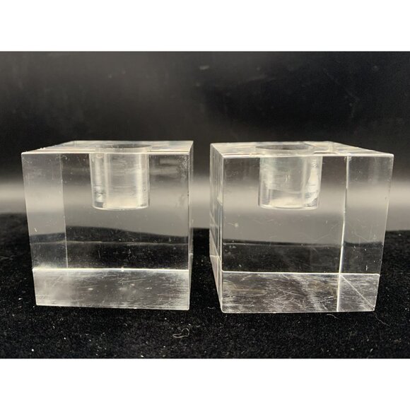 Lucite Block Cube Taper Candlestick Holder MCM Set 2 Vtg Clear Acrylic Incised - Picture 1 of 11